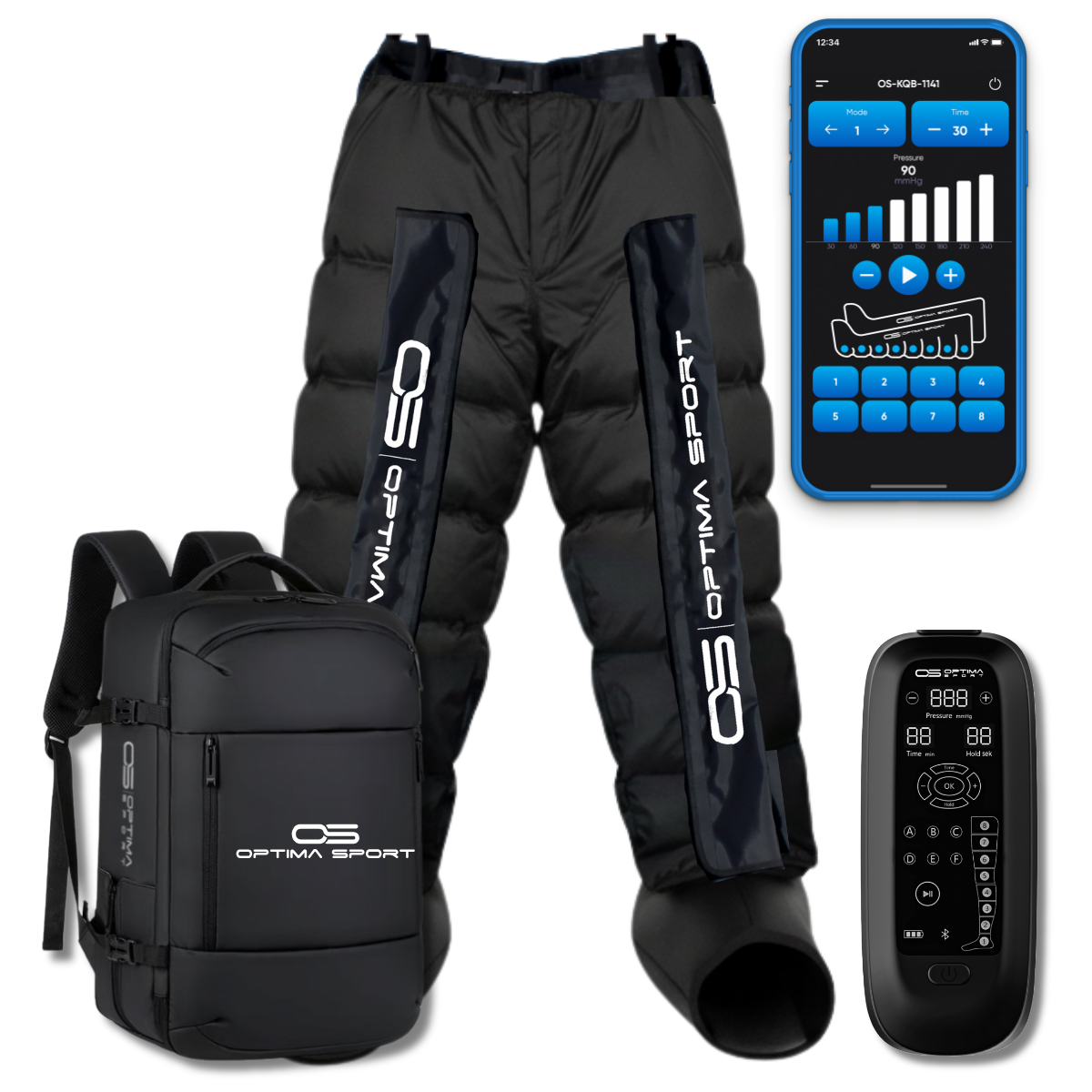 Optima Sport K8 Recovery Pants med sort buksemanchet, batterikompressor og rejsetaske