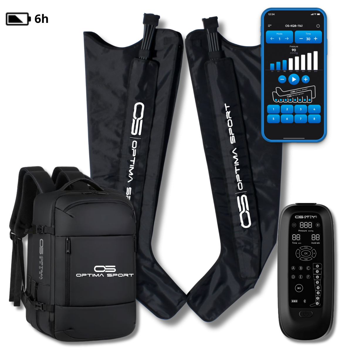 Optima Sport K8 Recovery Boots med otte kamre og batterikompressor i lejeudgave