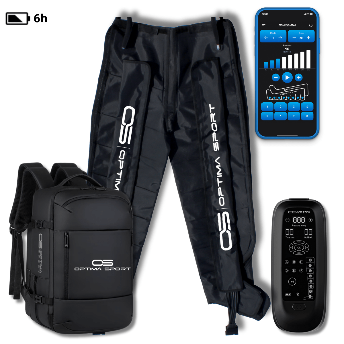 Optima Sport K8 Recovery Pants med sort buksemanchet og batterikompressor til leje