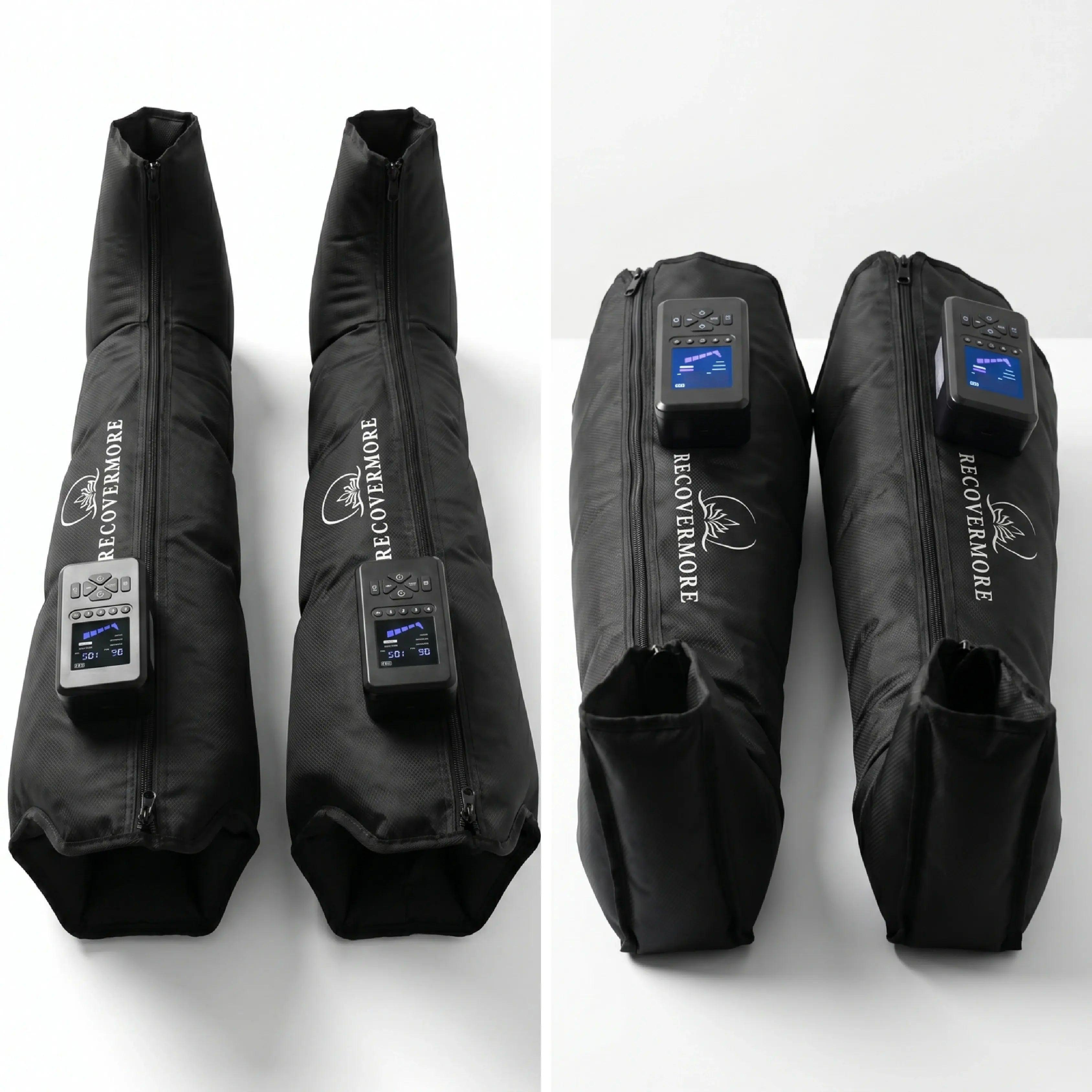 RecoverMore Recovery Boots med to sorte kompressionsstøvler og trådløse styreenheder